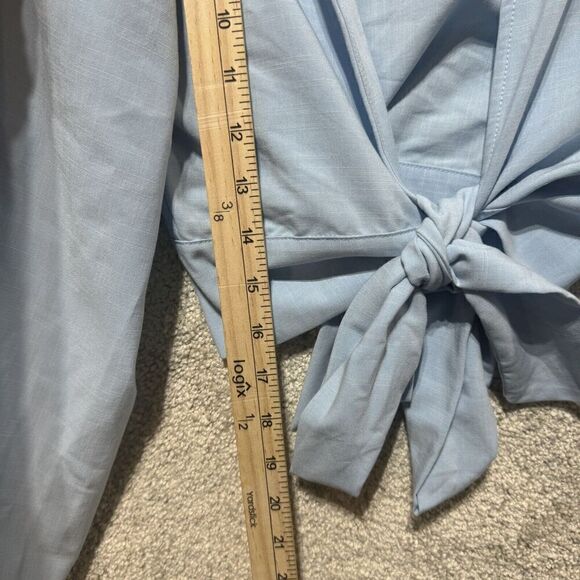Superdown Victoria Top Women's Small‎ Blue Long Balloon Sleeve Crop Deep V Tie - Picture 9 of 13